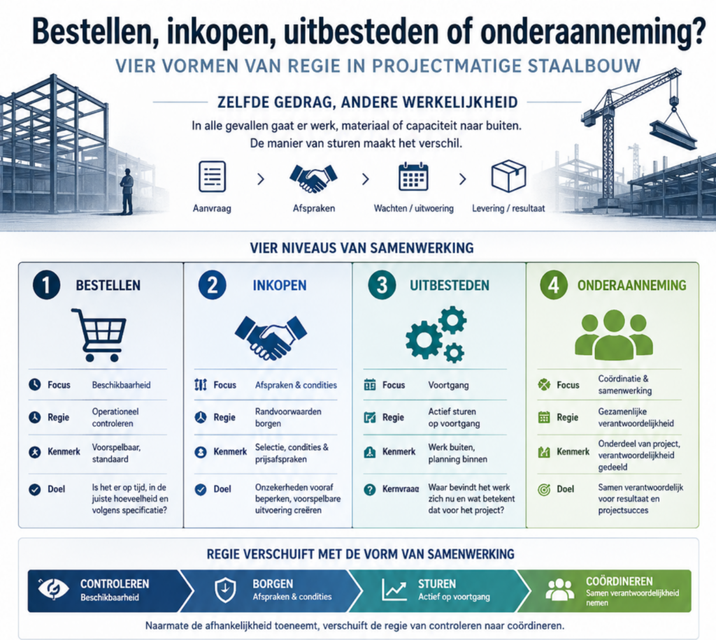 Bestellen, inkopen, uitbesteden of onderaanneming? Vier vormen van regie in projectmatige staalbouw